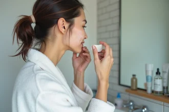 Jeune femme appliquant un savon dermatologique sur peau acnéique devant un miroir de salle de bain
