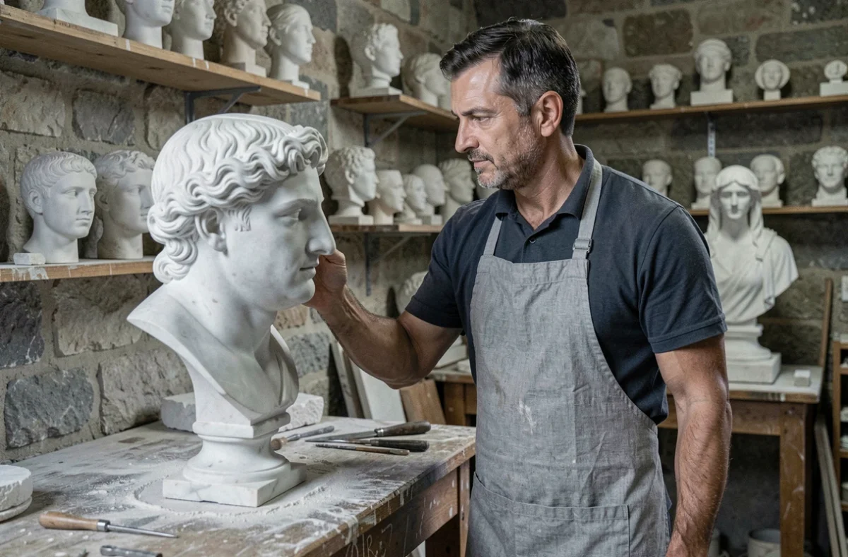 Sculpteur examinant un buste classique au nez grec dans un atelier d'art, symbolisant les idéaux esthétiques antiques et contemporains
