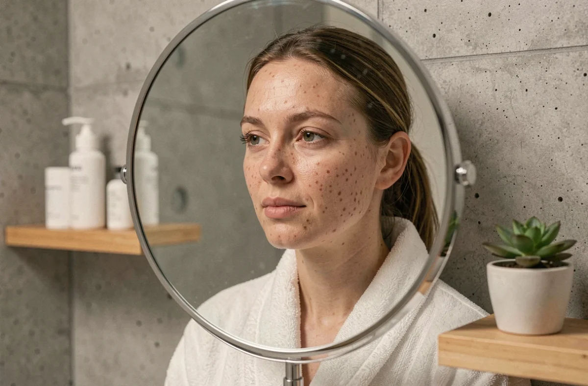 Femme examinant sa peau acnéique dans un miroir grossissant dans une salle de bain style scandinave avec produits Typology