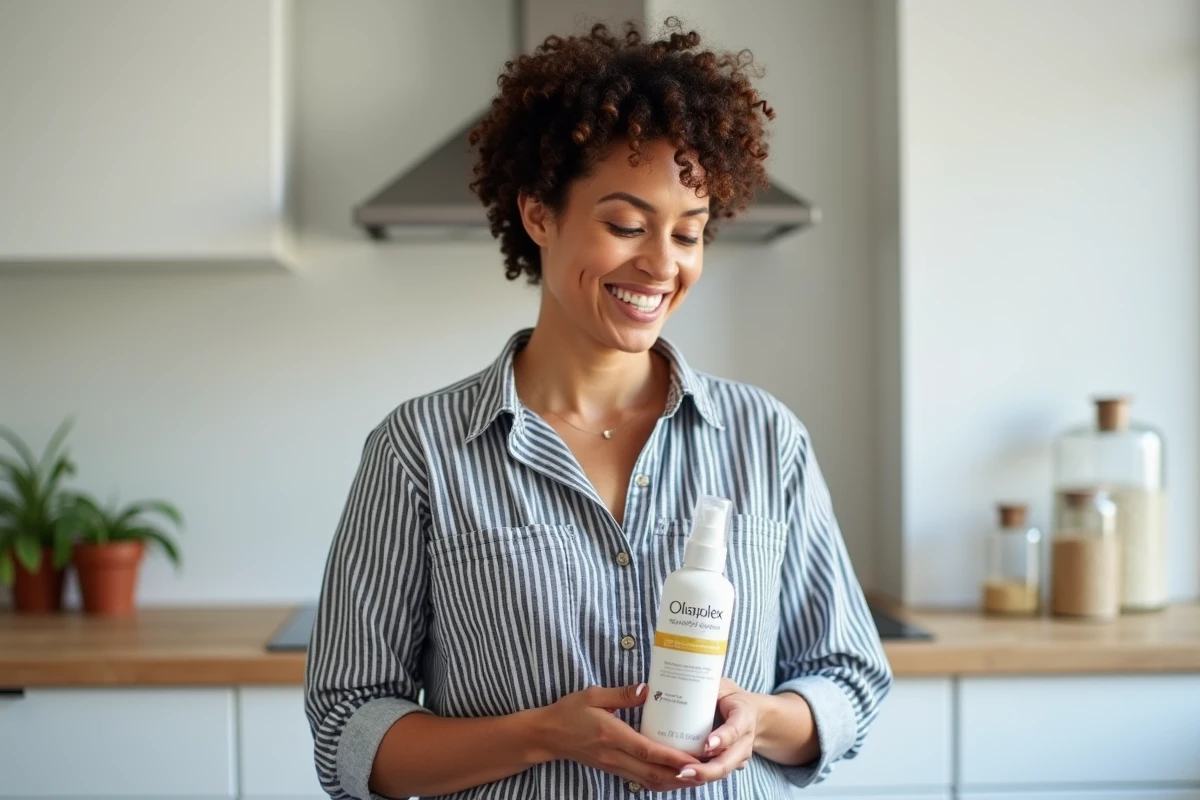 Femme aux cheveux coilés lisant l'étiquette d'un produit Olaplex No.3 dans une cuisine minimaliste