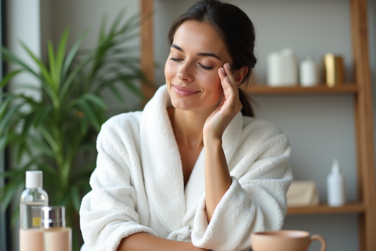 Femme appliquant une huile visage dans sa salle de bain