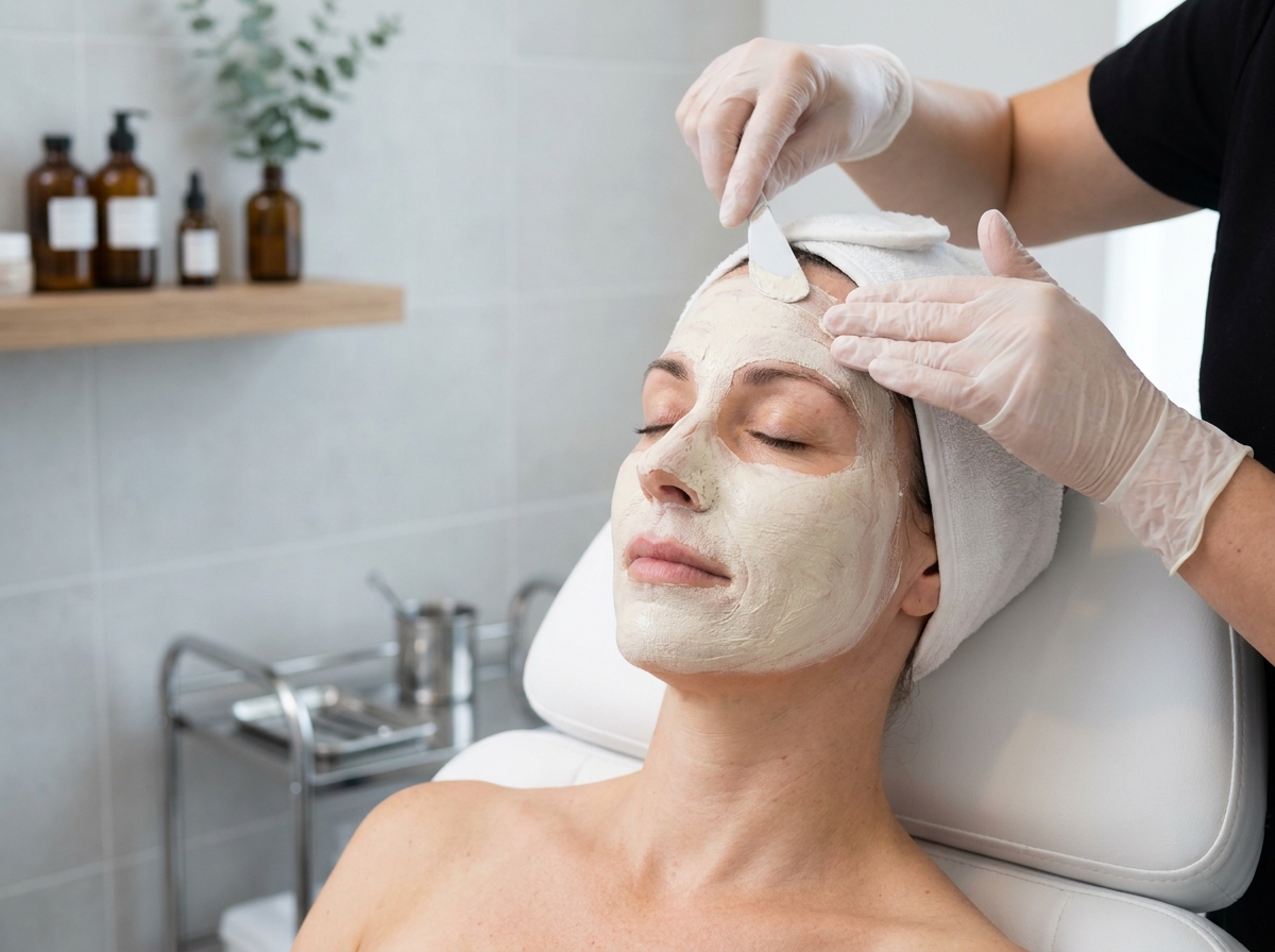 Femme recevant un soin du visage avec masque à l'argile dans une cabine d'esthétique moderne et épurée