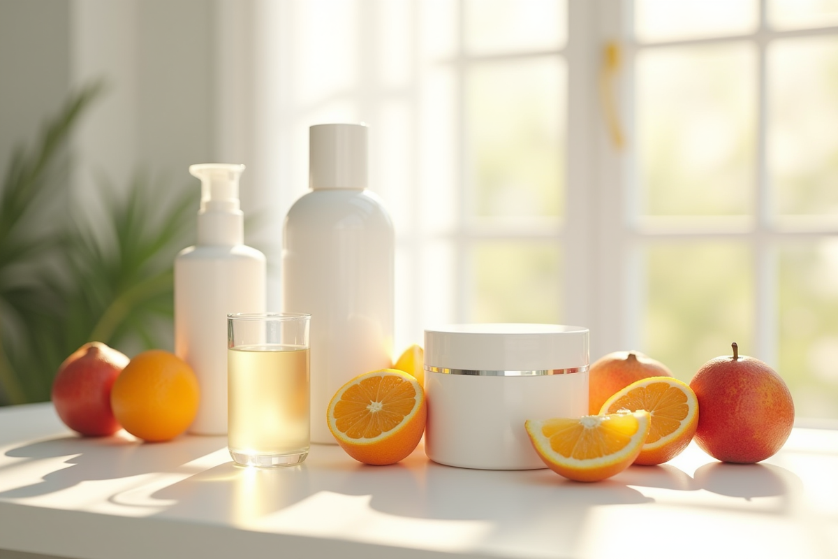 Collection de produits de soin fruits et eau de beauté sur table lumineuse