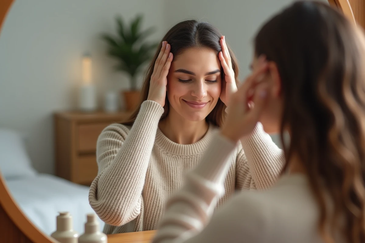 Femme appliquant un serum capillaire dans un cadre cosy