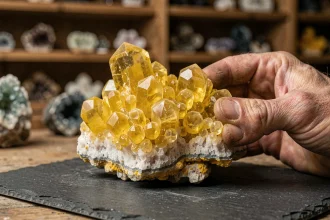 Spécimen de soufre jaune naturel brut tenu par des mains expertes pour évaluer sa qualité et l'authenticité de ses cristaux