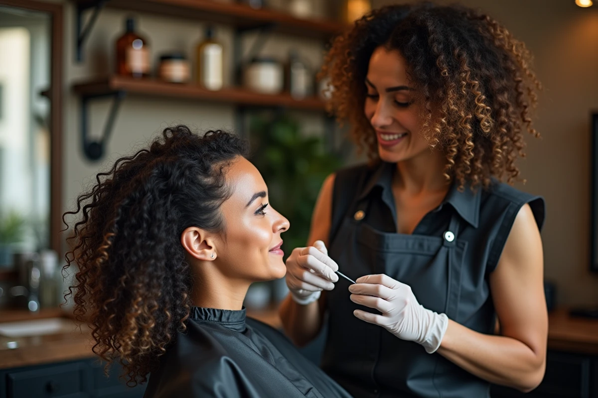 Coiffeuse appliquant une crème boucles sur les cheveux frisés d'une cliente dans un studio indépendant à Lyon