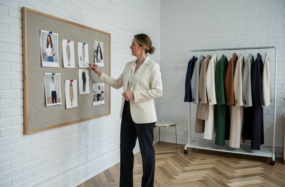 Styliste professionnelle analysant un mood board dans une boutique de relooking minimaliste