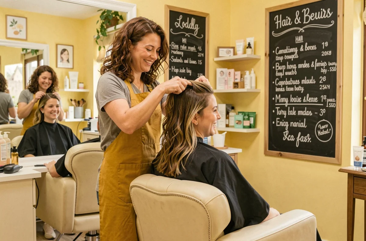 Coiffeuse-esthéticienne finissant une mise en forme chez une cliente dans l'ambiance conviviale de Sublim'ez Vous à Veauche