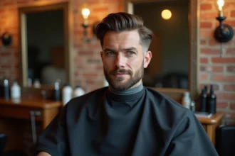 Homme aux cheveux mi-longs avec un taper fade classique assis dans un fauteuil de barbier, transition nette entre les côtés dégradés et le dessus texturé