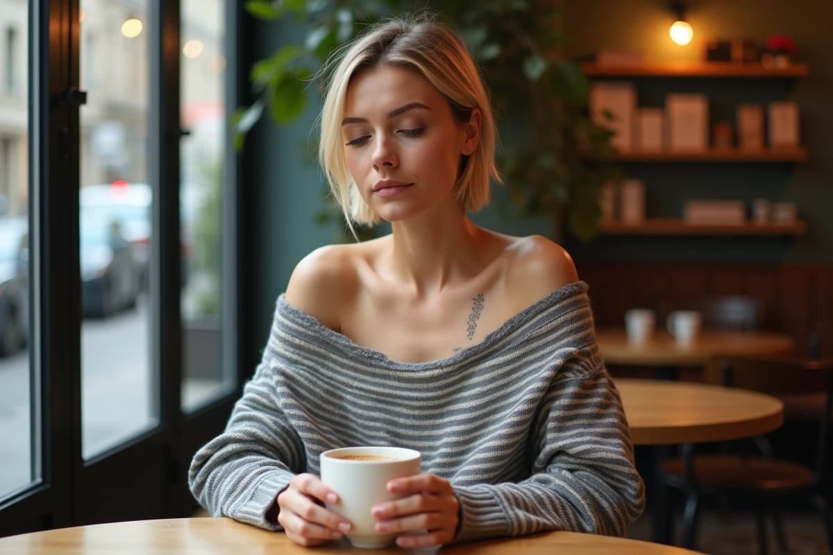 Femme blonde avec un tatouage géométrique minimaliste sur la clavicule attablée dans un café parisien