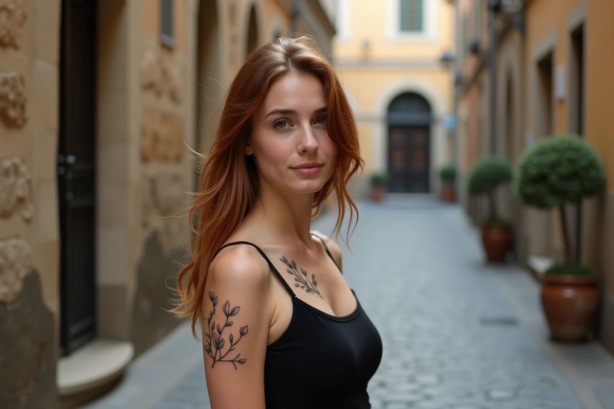 Femme aux cheveux auburn avec un tatouage botanique fin sur l'épaule et la clavicule dans une ruelle pavée européenne