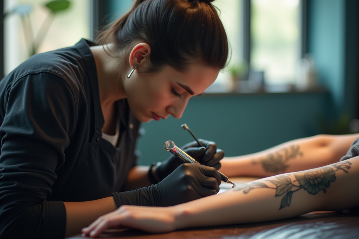 Artiste tatoueur dessinant un floral délicat sur un avant bras