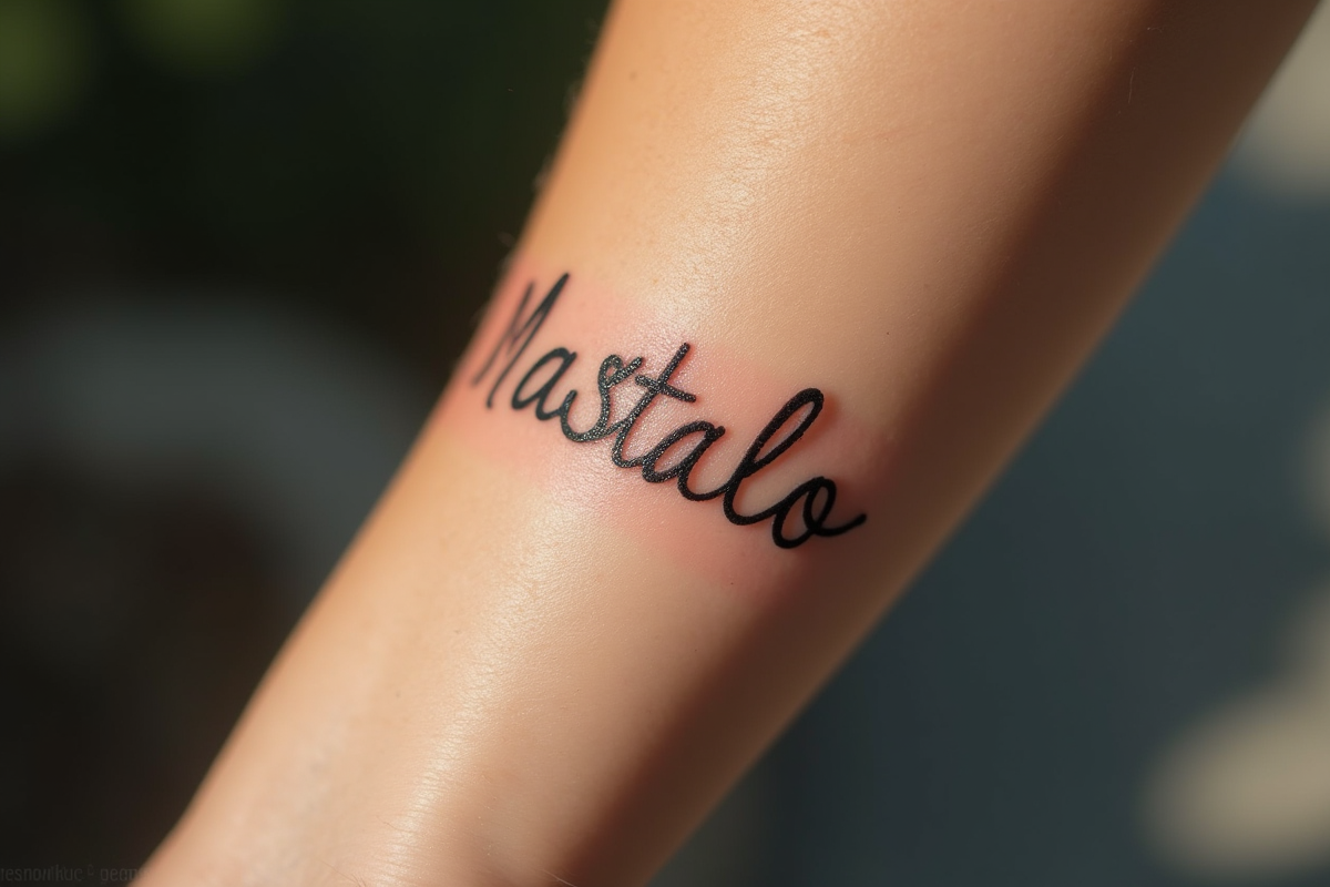 Détail d'un tatouage nom en cursive sur l'avant bras