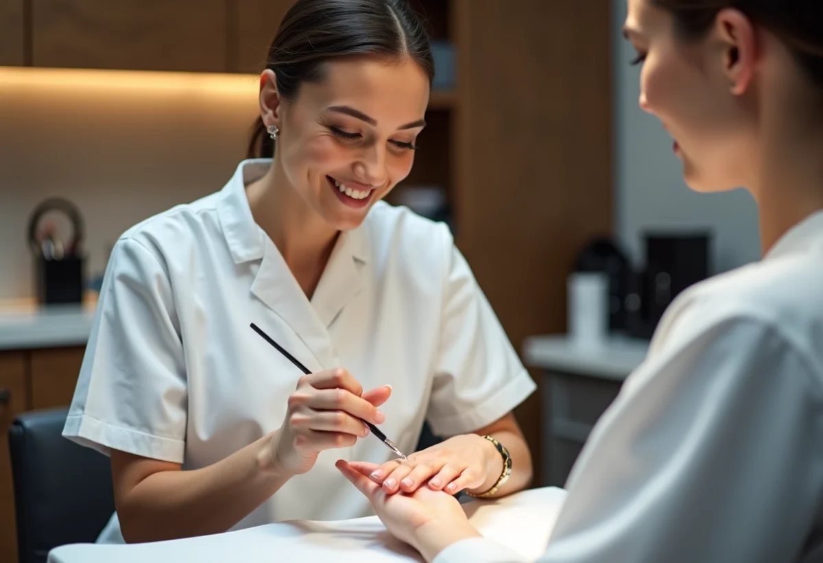 Technicienne en nail art sculptant des ongles en porcelaine