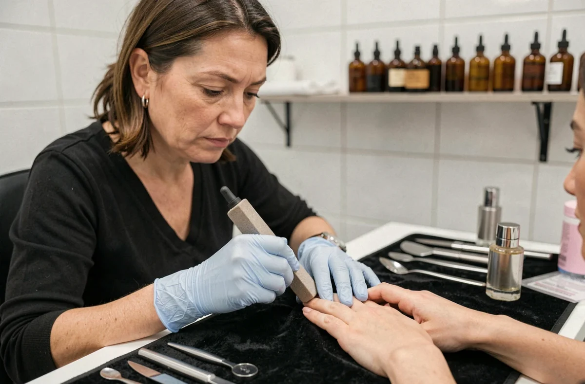 Technicienne en onglerie lissant des ongles épais et striés avec une lime professionnelle dans un salon de manucure