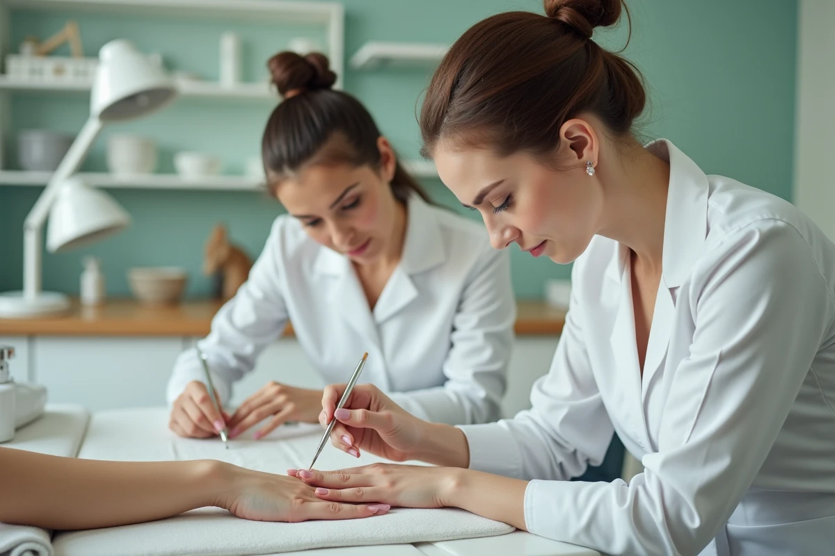 Prothésiste ongulaire professionnelle façonnant un ongle en porcelaine sur une cliente dans un salon de manucure moderne