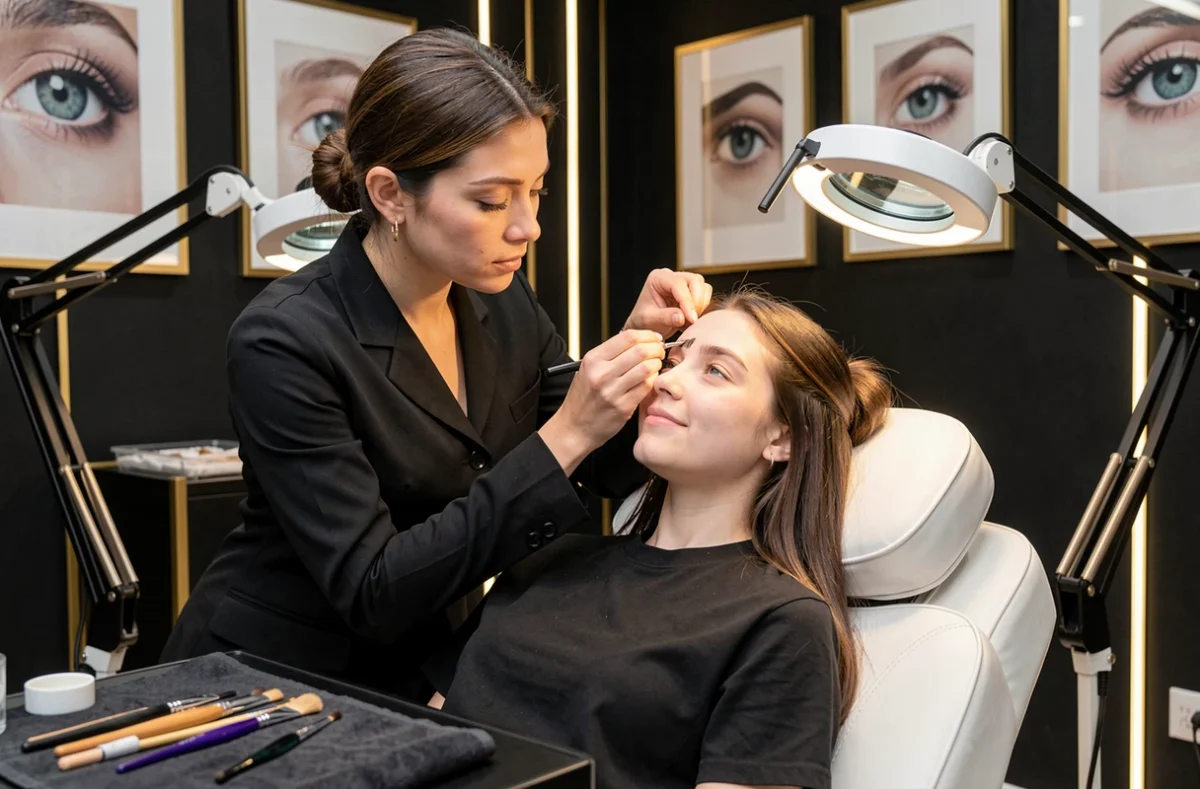 Spécialiste du regard effectuant une mise en forme des sourcils sur une cliente dans le studio The Beauty Hill à Paris
