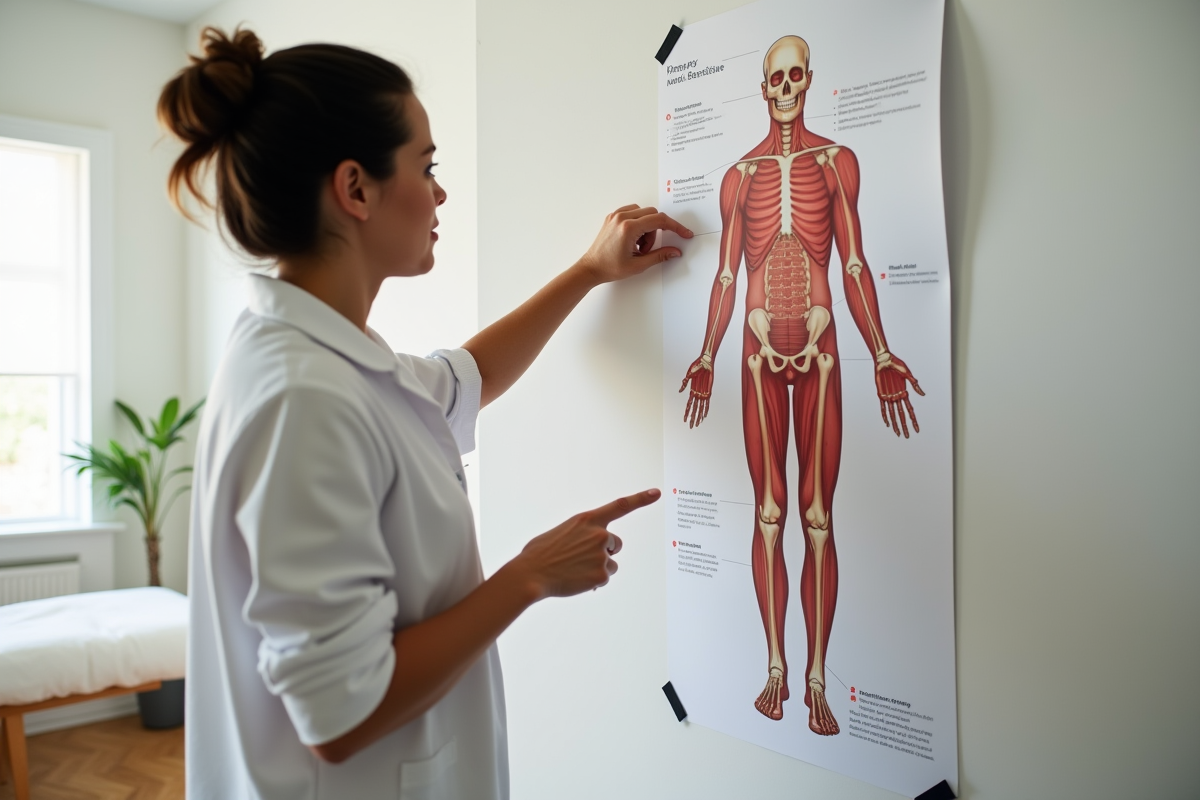 Thérapeute pointant un poster anatomique en clinique moderne