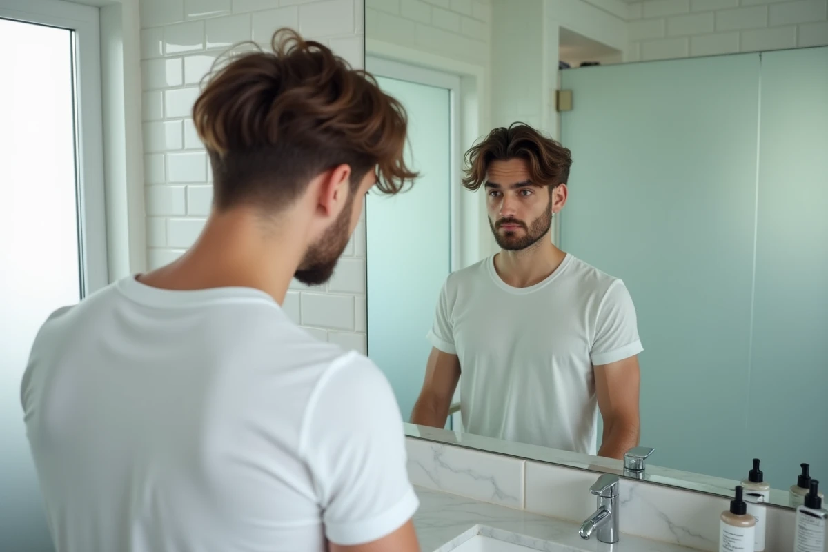 Jeune homme inspectant son taper dégradé mi-long devant un miroir de salle de bain, reflet montrant la transition progressive des côtés rasés vers le dessus ondulé