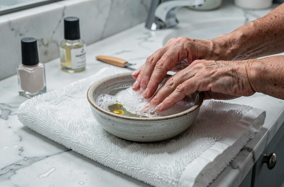 Mains aux ongles épais trempant dans un bol d'eau savonneuse pour ramollir et lisser les ongles lors d'un soin maison