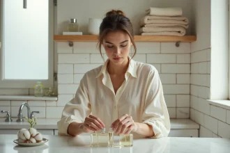 Jeune femme arrangeant une collection de flacons de parfum dupe sur une vanité en marbre blanc dans une salle de bain parisienne