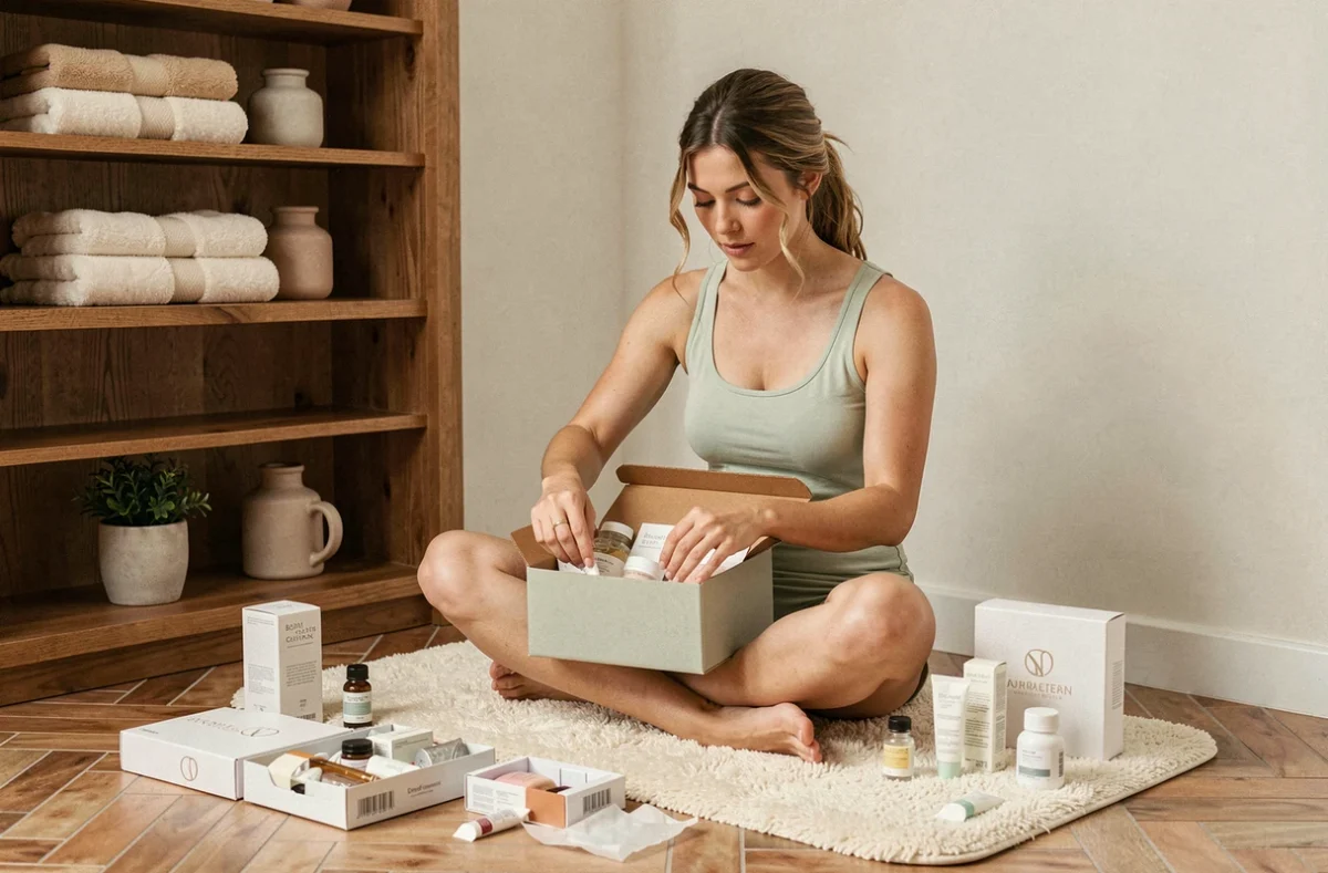 Femme déballant une boîte de beauté mensuelle remplie de produits de soin visage et corps sur un tapis de salle de bain douillet