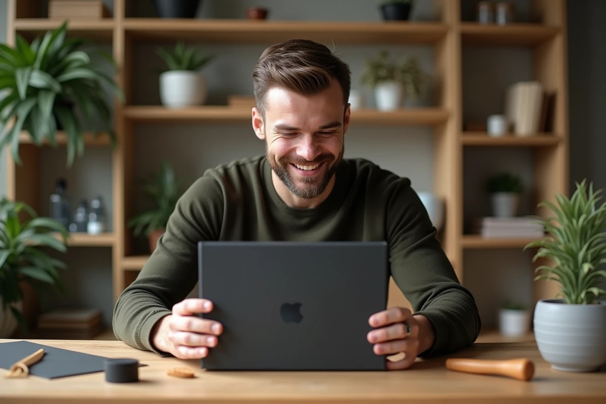 Jeune homme unboxing sa box grooming mensuelle sur un bureau en bois dans un bureau à domicile au style scandinave
