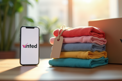 Pile de vêtements colorés avec étiquettes et smartphone Vinted